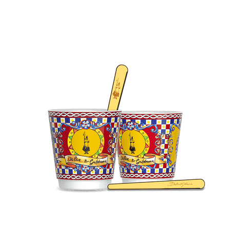 Set 2 porcelain cups and 2 golden stirrers Bialetti Sicilian Cart