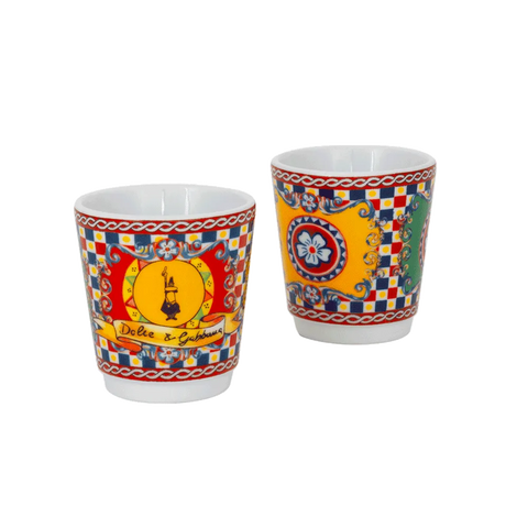 Moka Express Carretto Siciliano Set With 2 Cups, 2 Porcelain Cups & 2 Gold-plated Stirrers