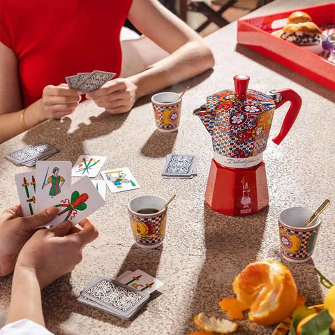Moka Express Carretto Siciliano Set With 2 Cups, 2 Porcelain Cups & 2 Gold-plated Stirrers
