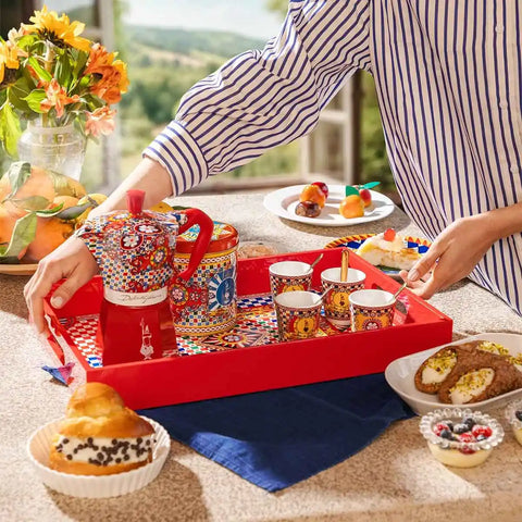 Moka Express Carretto Siciliano Set With 2 Cups, 2 Porcelain Cups & 2 Gold-plated Stirrers
