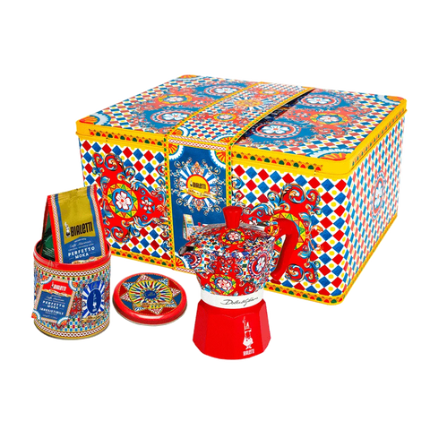 Box Moka Express Sicilian Cart 3 cups and Perfetto Moka Irresistibile Ground Coffee