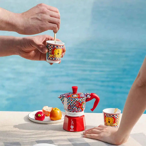 Moka Express Carretto Siciliano Set With 2 Cups, 2 Porcelain Cups & 2 Gold-plated Stirrers