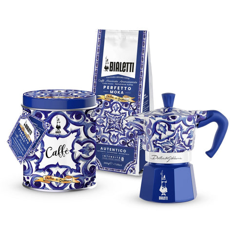 Bialetti Dolce Gabbana Mediterranean blue Mokka Express, for 3 cups + Perfetto Moka Autentico ground coffee