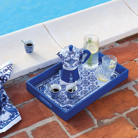 Bialetti Moka Dolce & Gabbana 3-Cup + 3 Espresso Cups & Stirrers Gift Set, Blu Mediterraneo