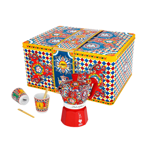 Moka Express Carretto Siciliano Set With 2 Cups, 2 Porcelain Cups & 2 Gold-plated Stirrers