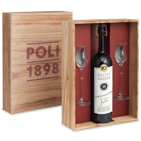 Grappa di Sassicaia - Wooden case with 1 bottle and 2 glasses