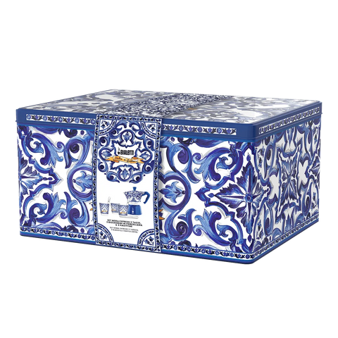 Bialetti Moka Dolce & Gabbana 3-Cup + 3 Espresso Cups & Stirrers Gift Set, Blu Mediterraneo