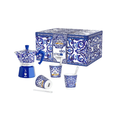 Bialetti Moka Dolce & Gabbana 3-Cup + 3 Espresso Cups & Stirrers Gift Set, Blu Mediterraneo