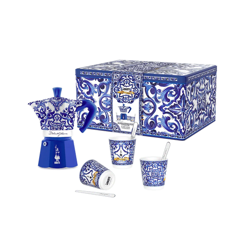 Box Moka Express Blu Mediterraneo 6 cups, 3 porcelain caps and 3 silver stirrers